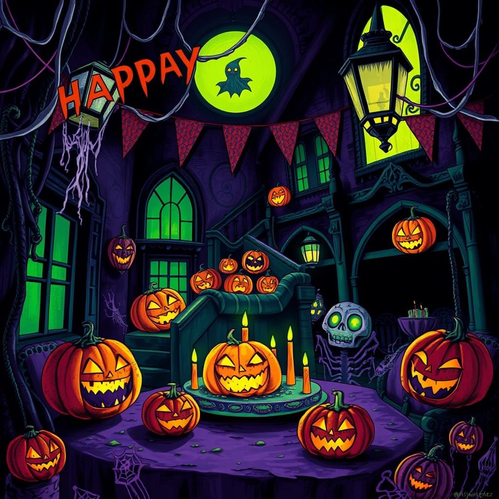 Spooky Haunted House Birthday Party in Dark Fantasy Style