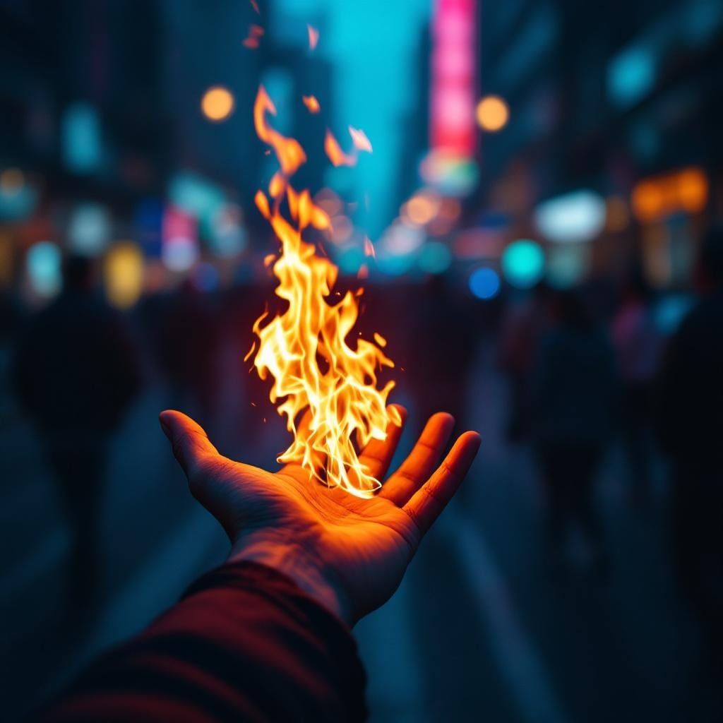 Hand Holding Flame in City Lights, Vivid Portrait