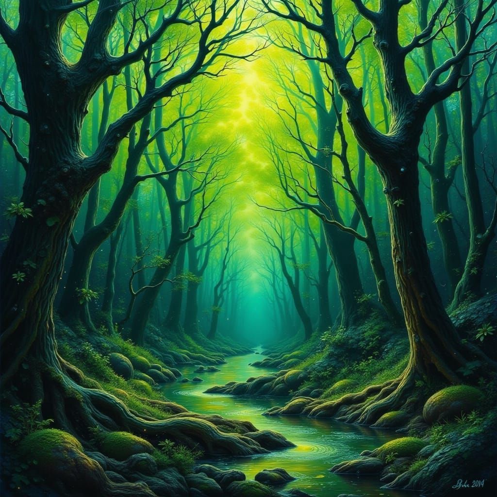 Surreal Dark Chartreuse Forest in Cyberpunk Style