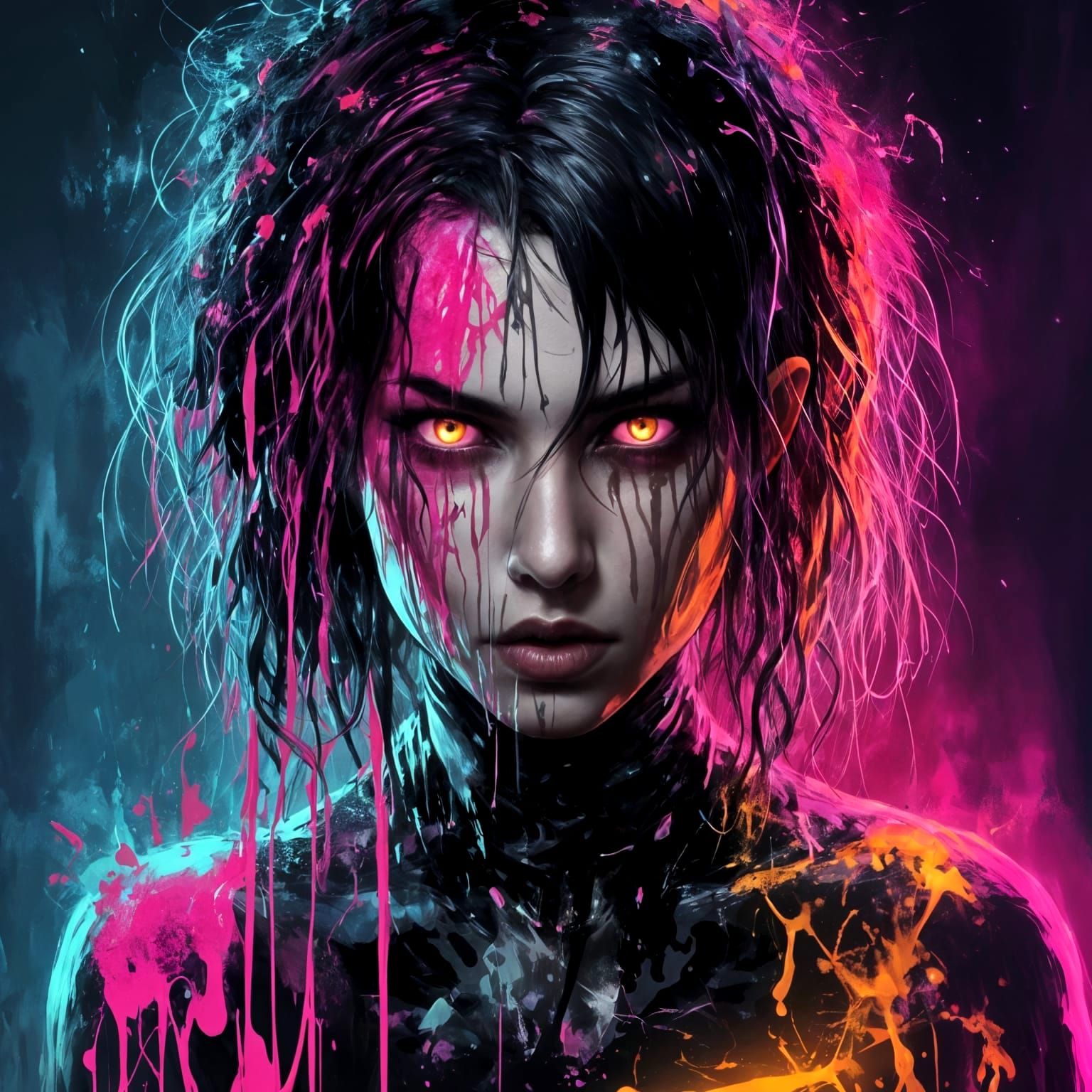 Mysterious Cyberpunk Woman in Neon Paint Splatters