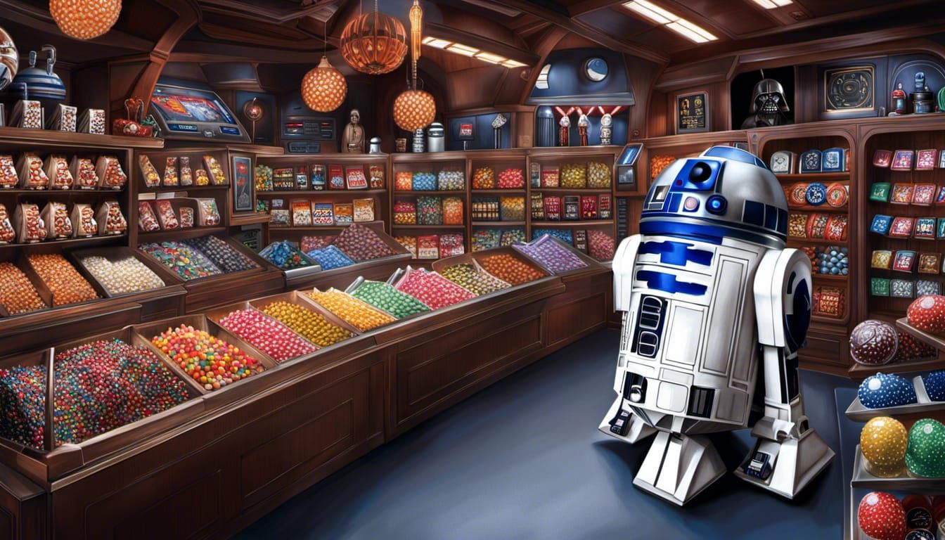 Star Wars Candy Shop with R2-D2: Hyperrealistic Illustration