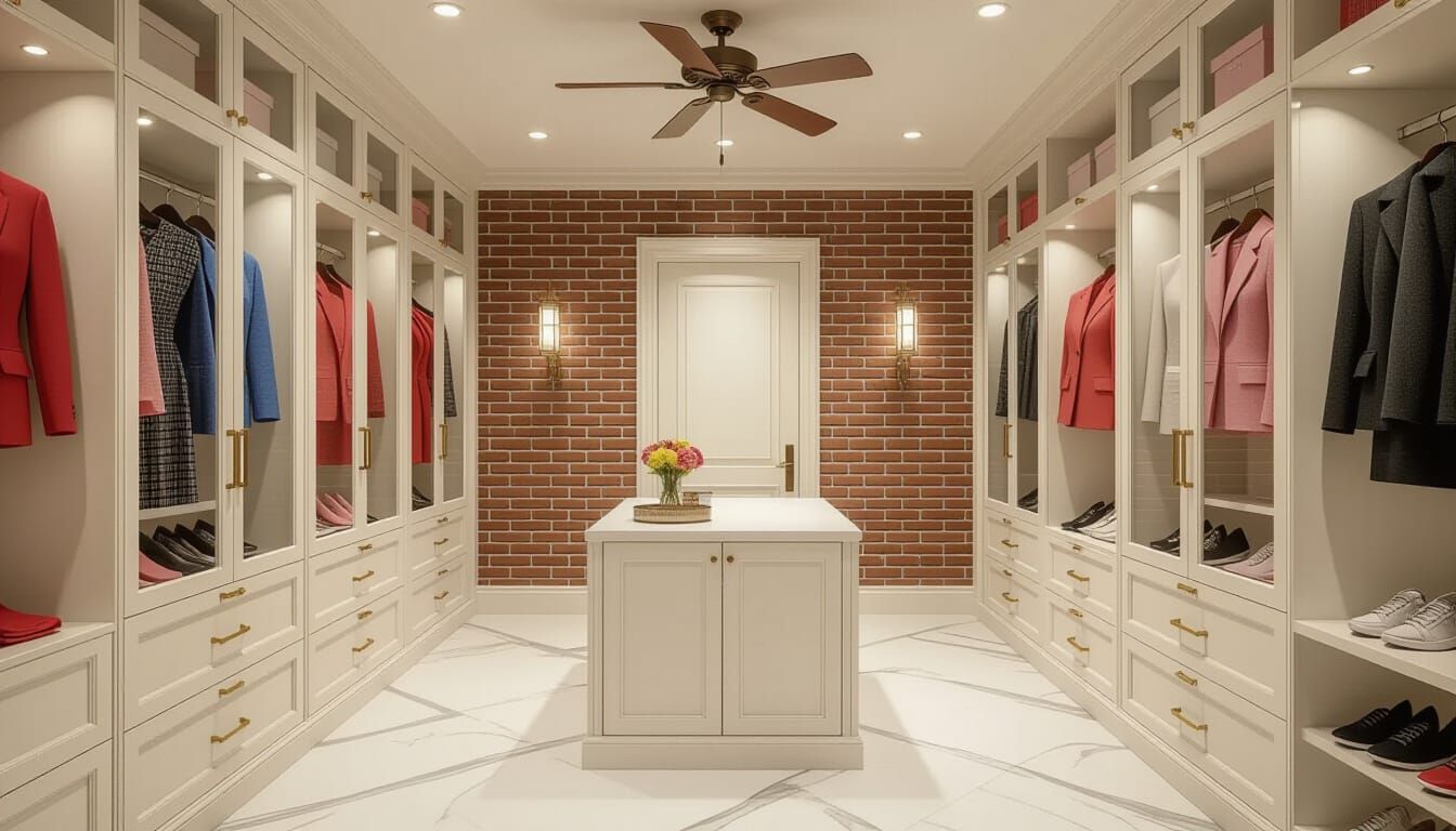 Victorian Walk-In Closet with Exposed Brick and Glass Cabine...