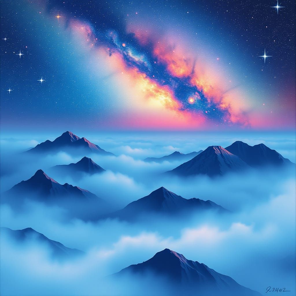 Misty Mountains Under Galaxy Sky in Atmospheric Style