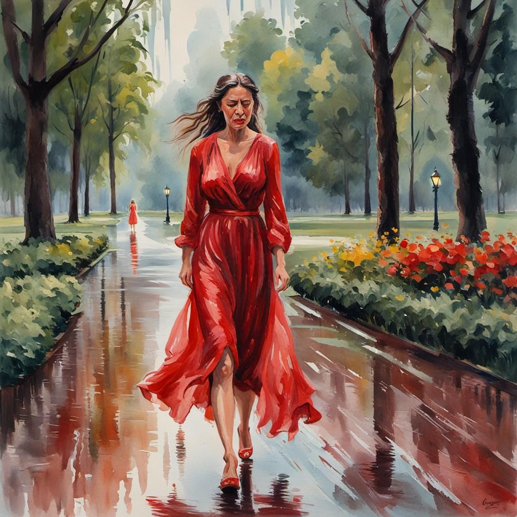 Crying Woman in Rain, Gouache Watercolor Style