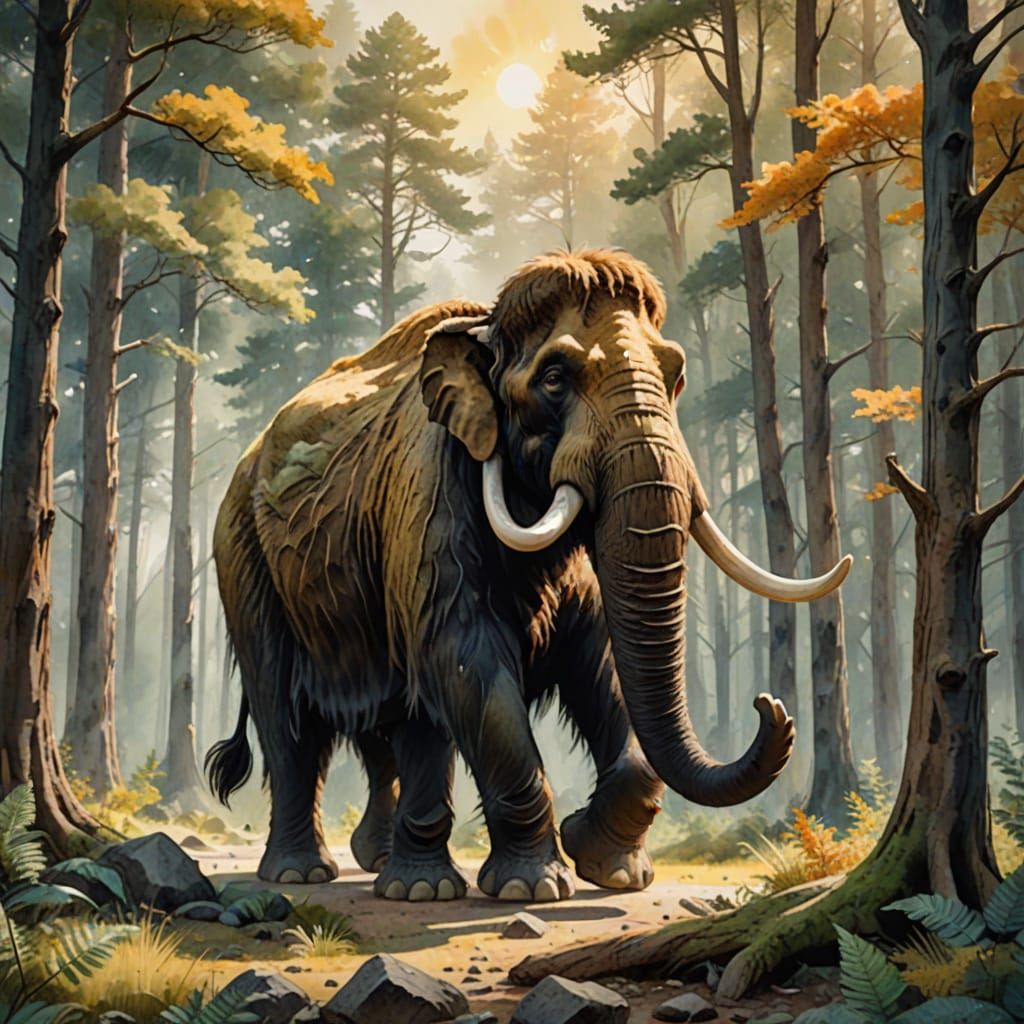 Woolly Mammoth in Prehistoric Forest, Watercolor Style