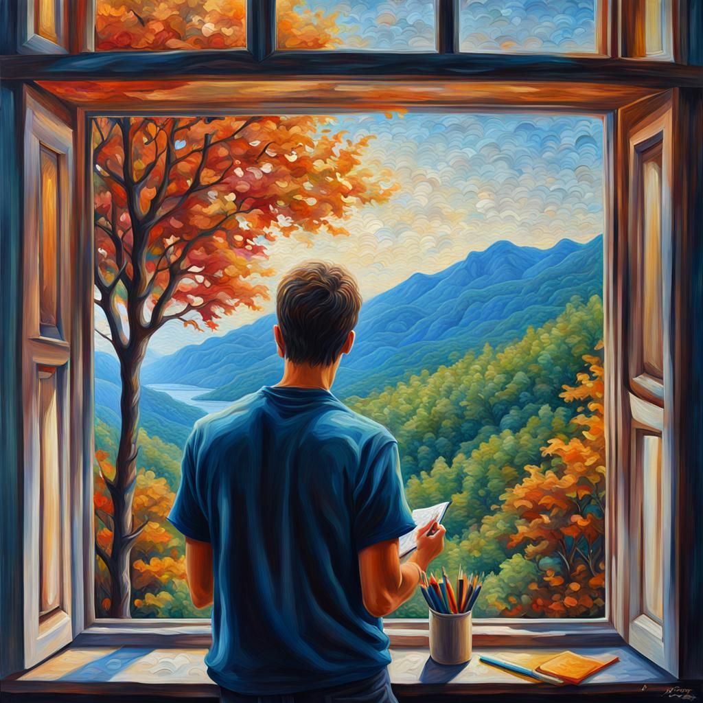 Contemplative Poet Inspired by Nature, Neo-Impressionist Sty...