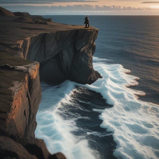Heroic Figure on Cliff's Edge at Sunset