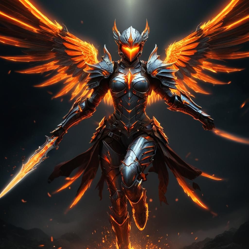Armored Warrior with Fiery Wings in Dystopian Landscape