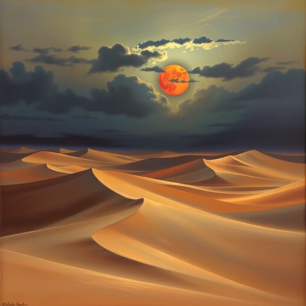 Sahara Desert Landscape Under Blood Moon
