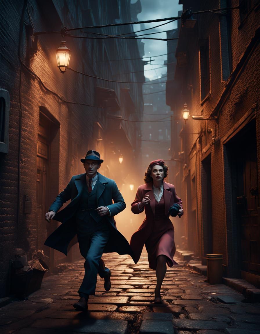 1940s Detectives Run Through Dark Alleyway