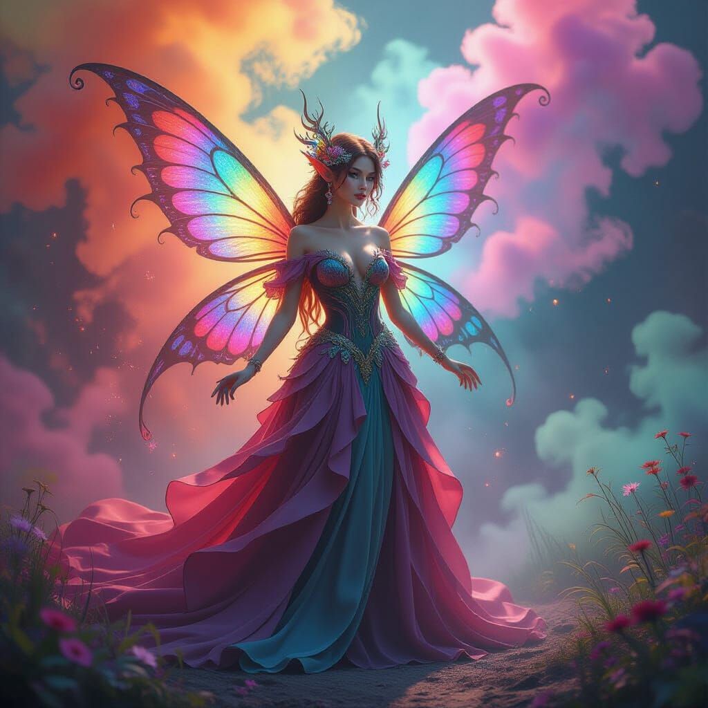Detailed Fairy Amidst Rainbow Smoke in Flowing Gown