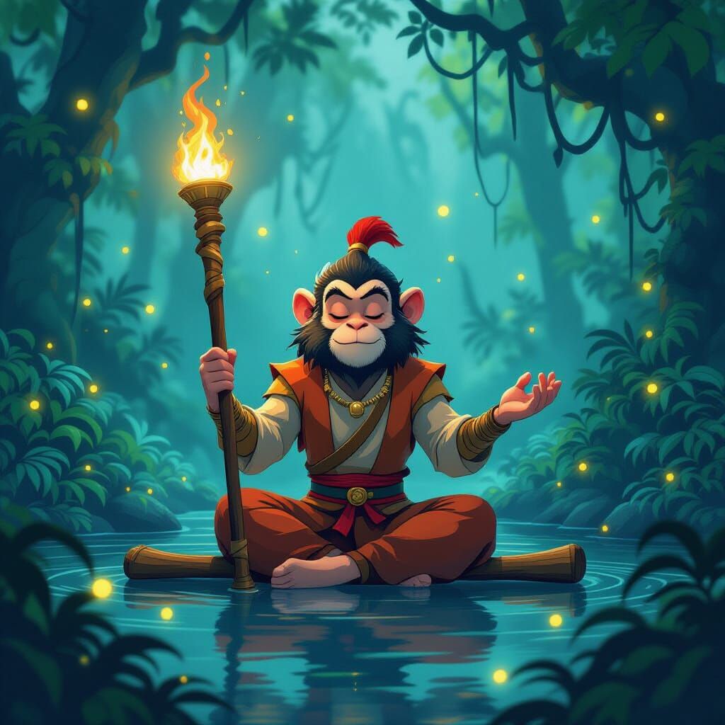 Monkey King Meditates in Lush Rainforest, Lion King Style