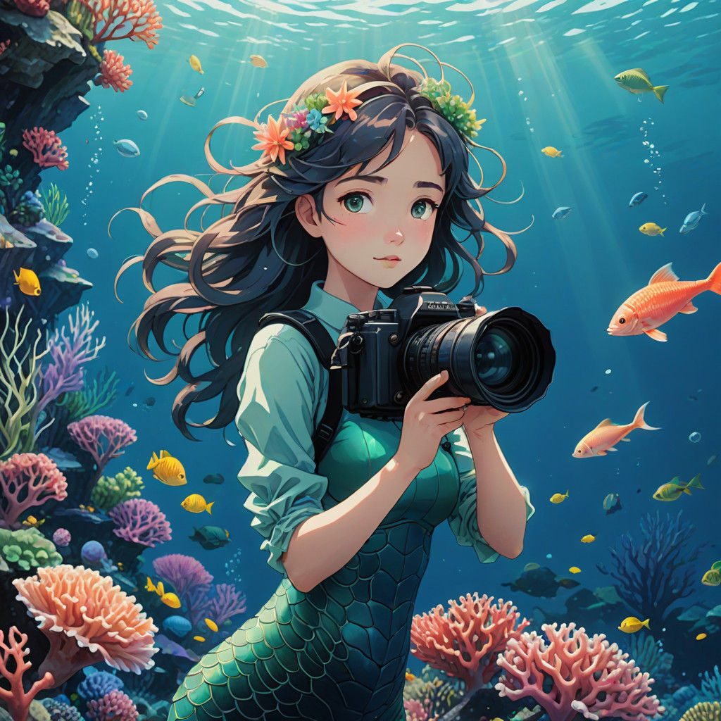 Mermaid in Underwater Studio Ghibli Anime Style