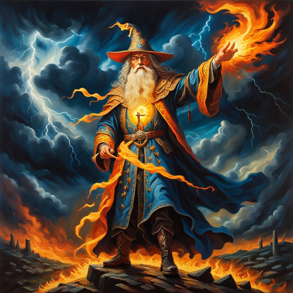 Wizard Conjures Fire in Storm: Impasto Oil Painting