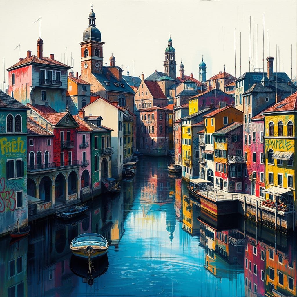 Floating City Canals in Graffiti Splash Art Style