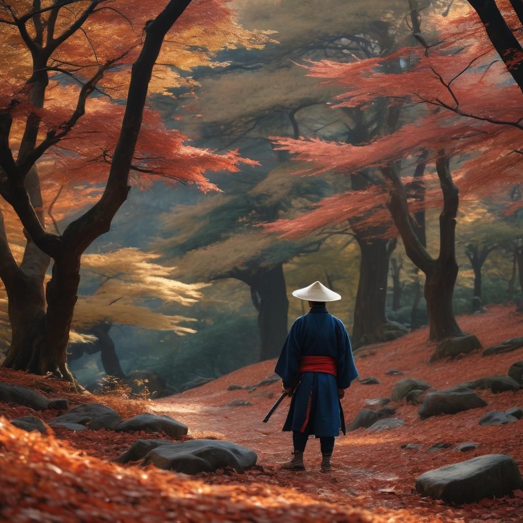 Ronin in Autumn Forest: A Cinematic Film Still