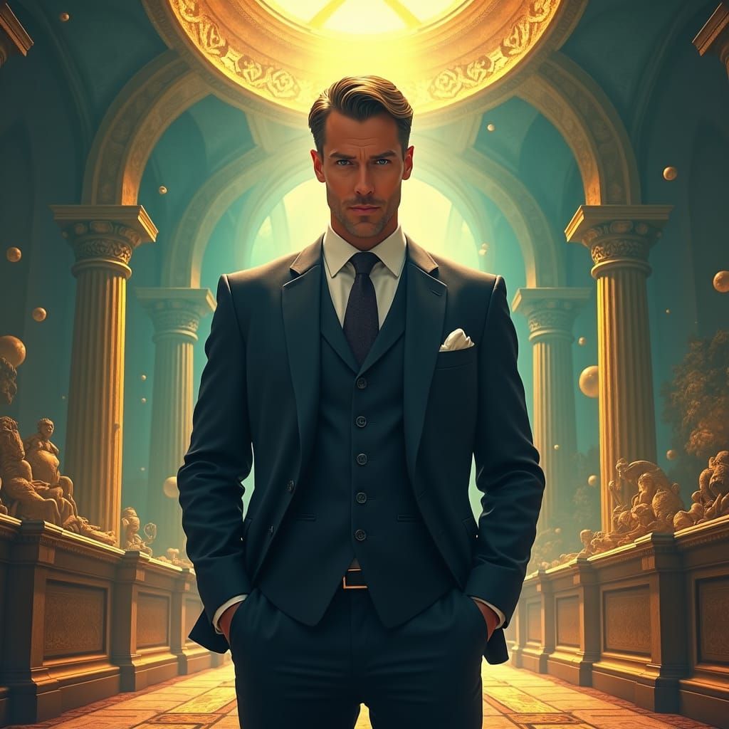 Confident Man in Artifact Chamber, Fantasy Concept Art