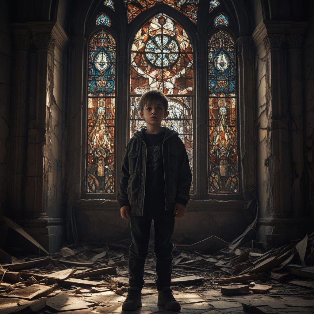 Dark Abstract Child Stands Defiantly in Ruined Cathedral