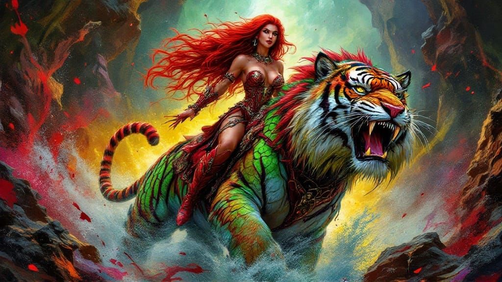 Regal Red Sonja Rides a Majestic Green and Red Tiger in a Vi...