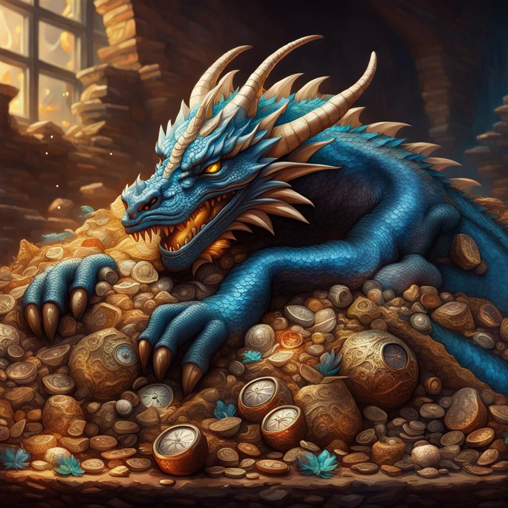 Sleeping Dragon on Treasure Pile: Hyperrealistic Art