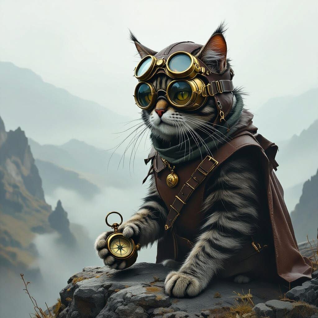 Grizzled Cat Explorer with Compass Over Misty Valley