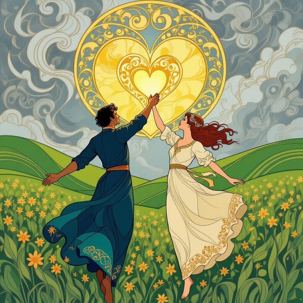 Art Nouveau Figures in Fields of Unity and Love