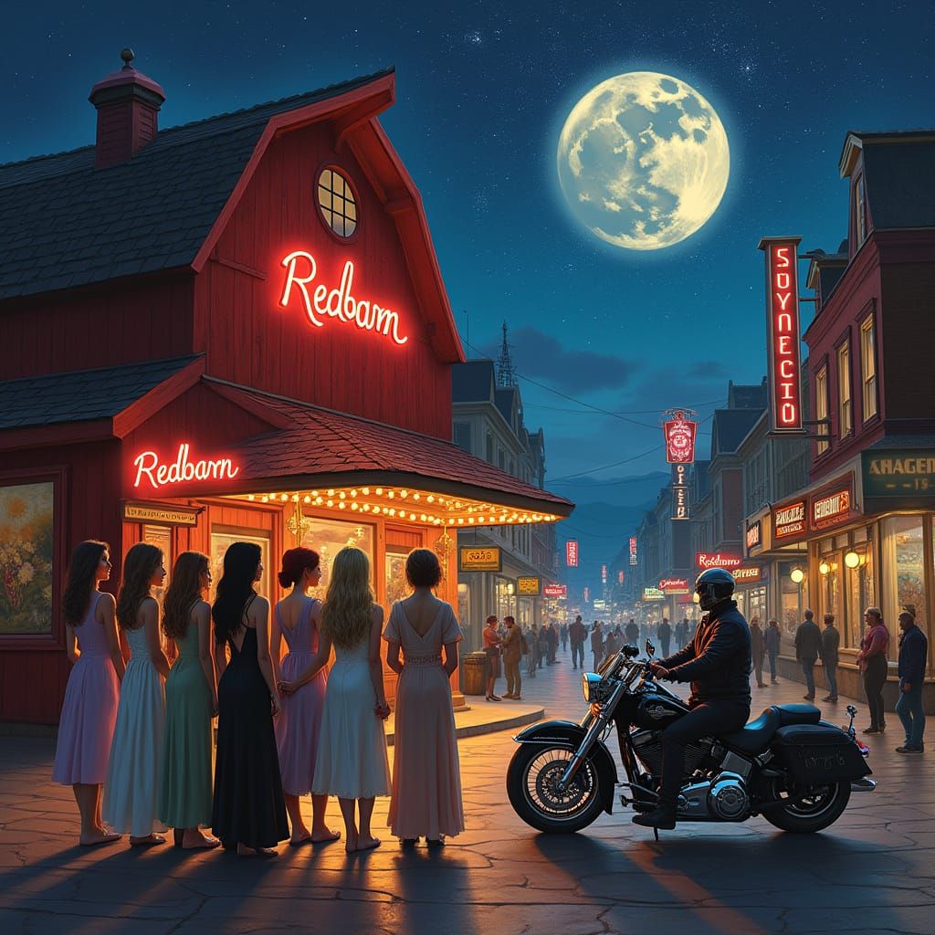 Enchanting Women Gaze at Redbarn Building, Dreamlike Scene