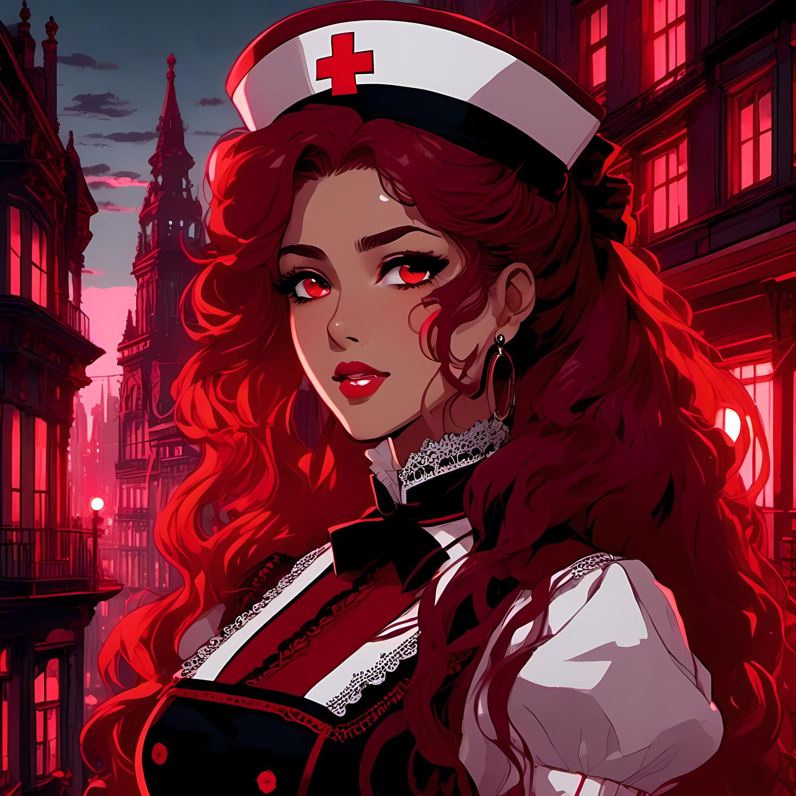 Glitched Victorian Nurse in Red and Black