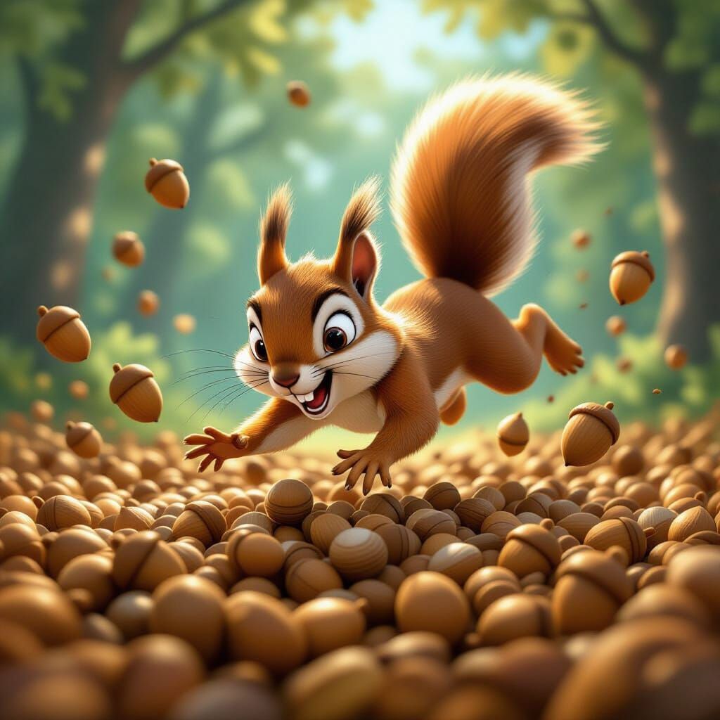 Squirrel Acorn Dive in Cartoon Style