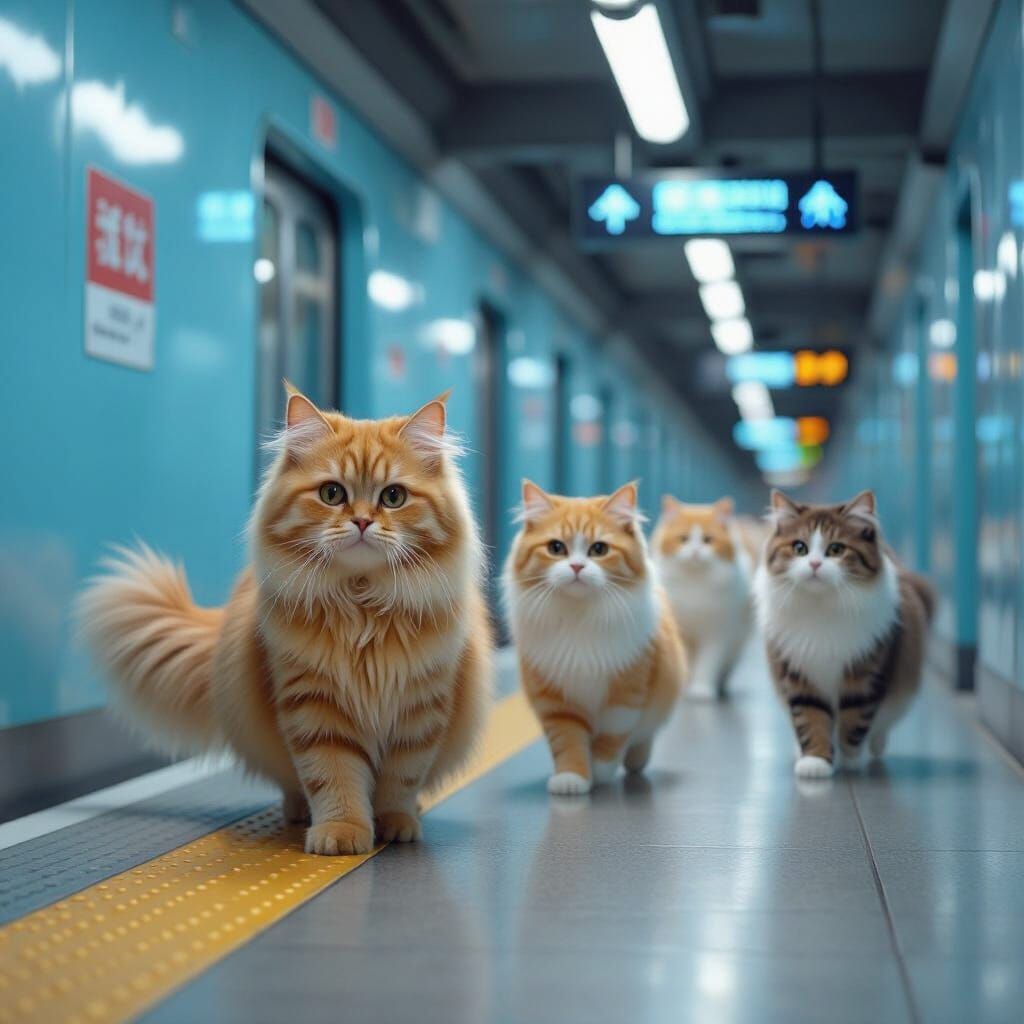 Fluffy Cats in Hong Kong MTR: Realistic Scene