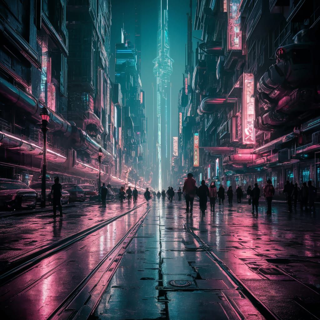 Cyberpunk Cityscape at Night with Neon Reflections