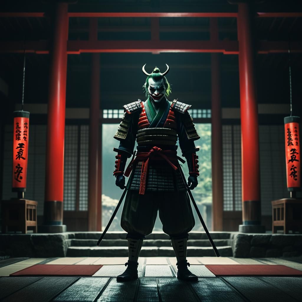 Samurai Joker in Ancient Temple, Cinematic 3D Render