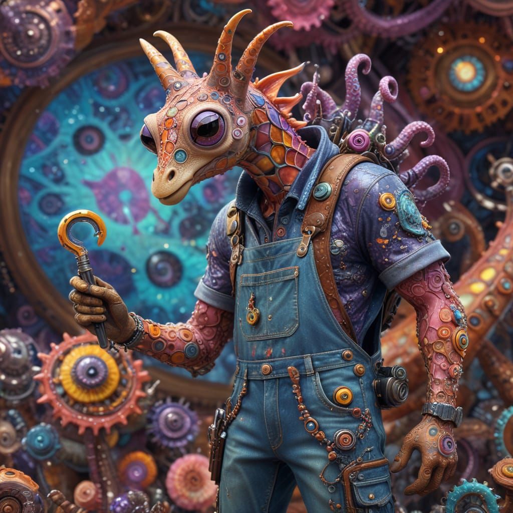 Vibrant Hybrid Creature Posing Amidst Bismuth Fractals