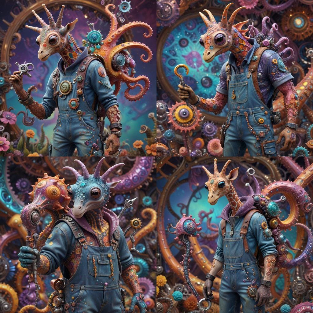 Vibrant Snail Giraffe Hybrid Wields Wrench in Fractal Wonder...