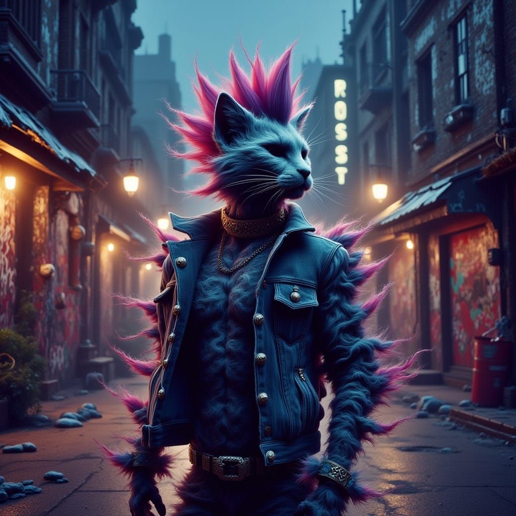 Punk Rock Cat with Mohawk on City Street