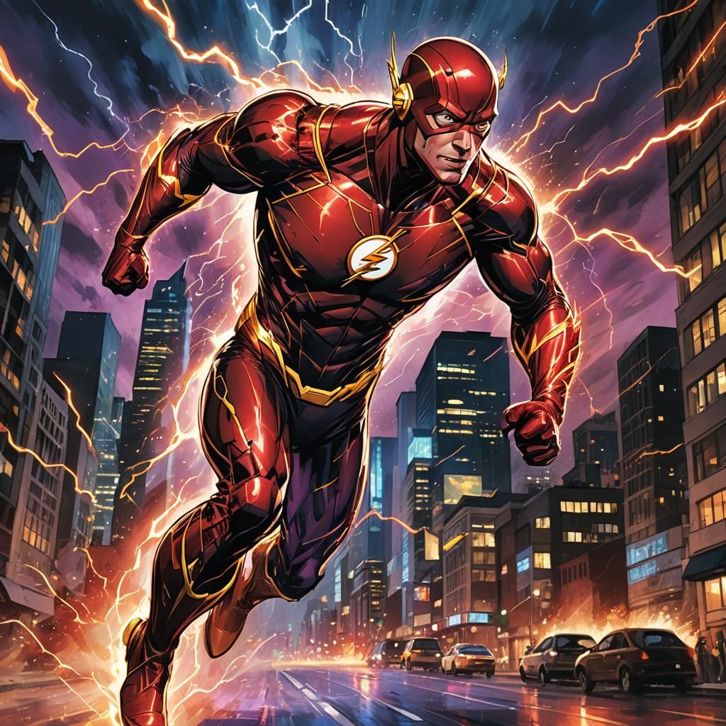 The Flash Runs Through City in Comic Book Style