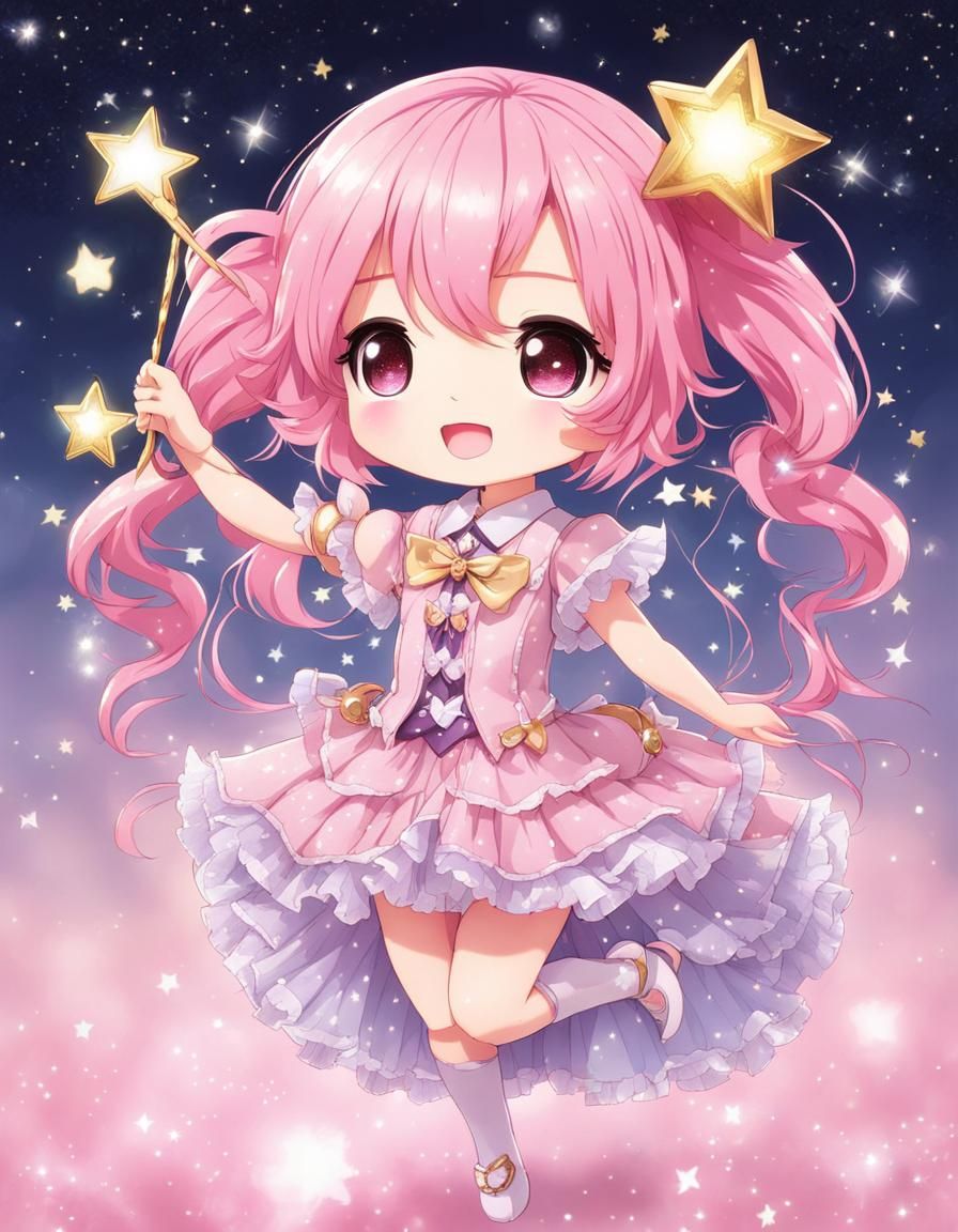 Cute Chibi Magical Girl with Star Wand in Manga Style