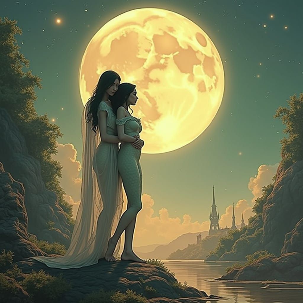 Embrace in Moonlit Garden: A Digital Fantasy