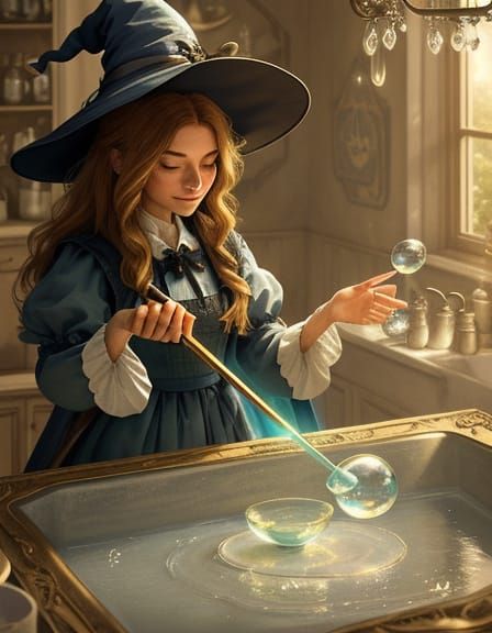 Young Witch Cleans Dishes With Magic In Sunlit Room