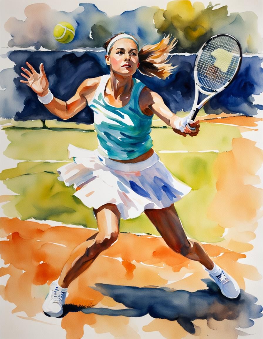 Impressionist Watercolor of Woman Serving in Tennis Match