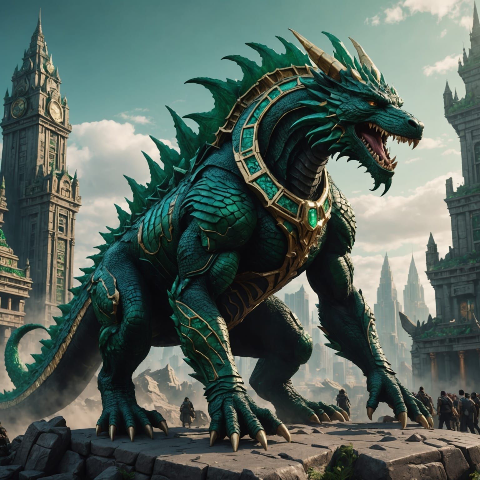 Emerald Anubis Godzilla Dragon: Detailed Matte Painting
