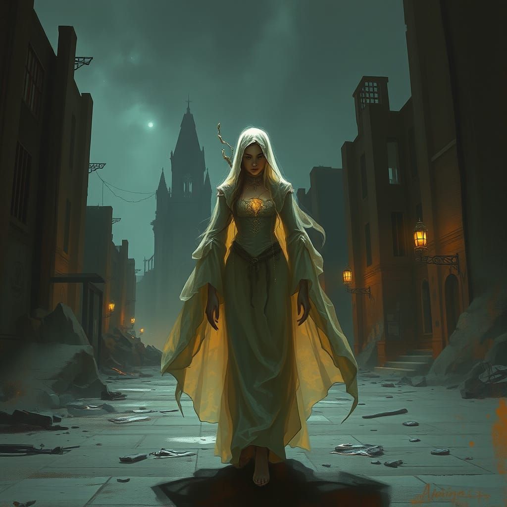 Ethereal Ghostly Figure Walks Ruined City Streets