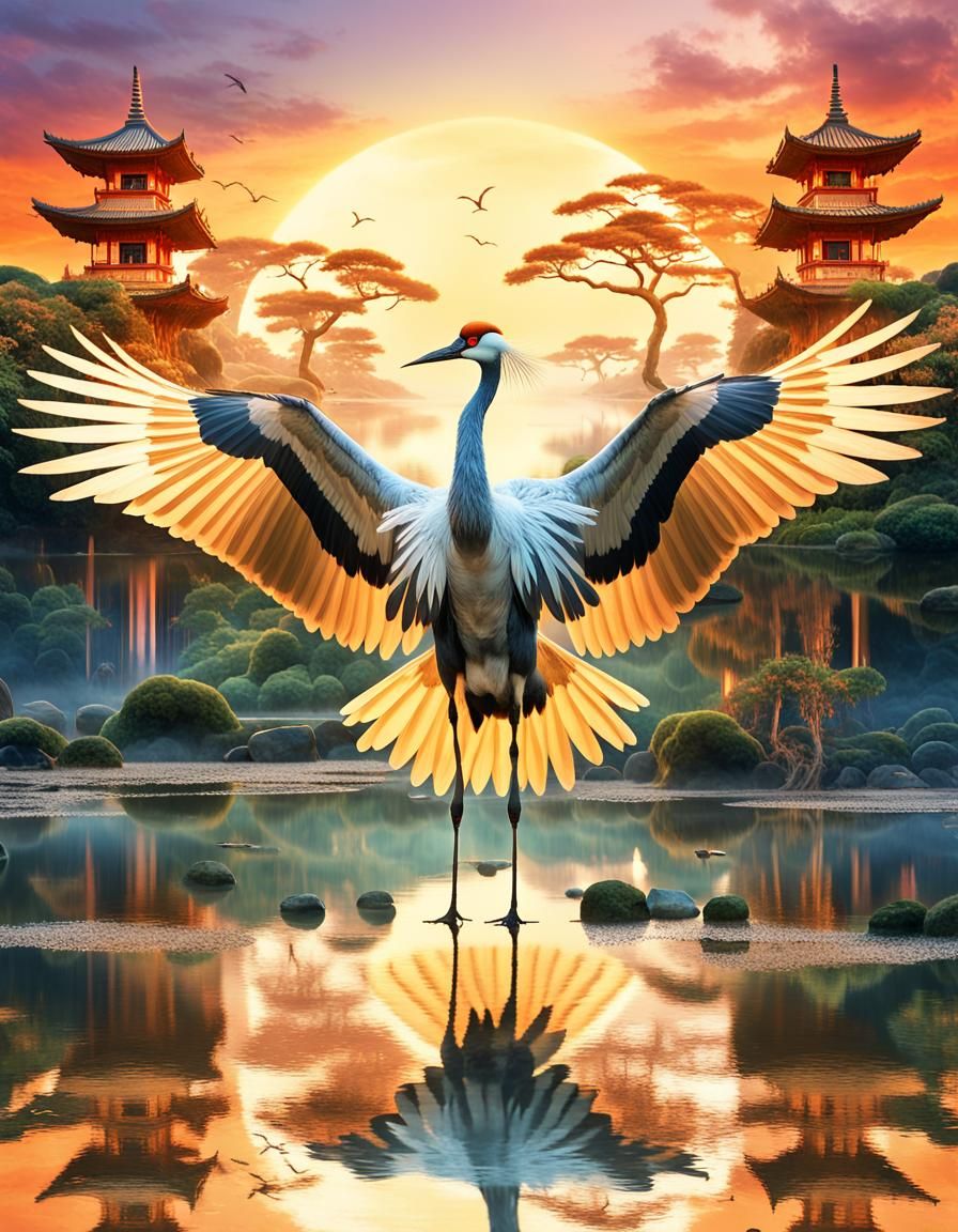 Oriental Crane Remembering, Double Exposure Digital Art
