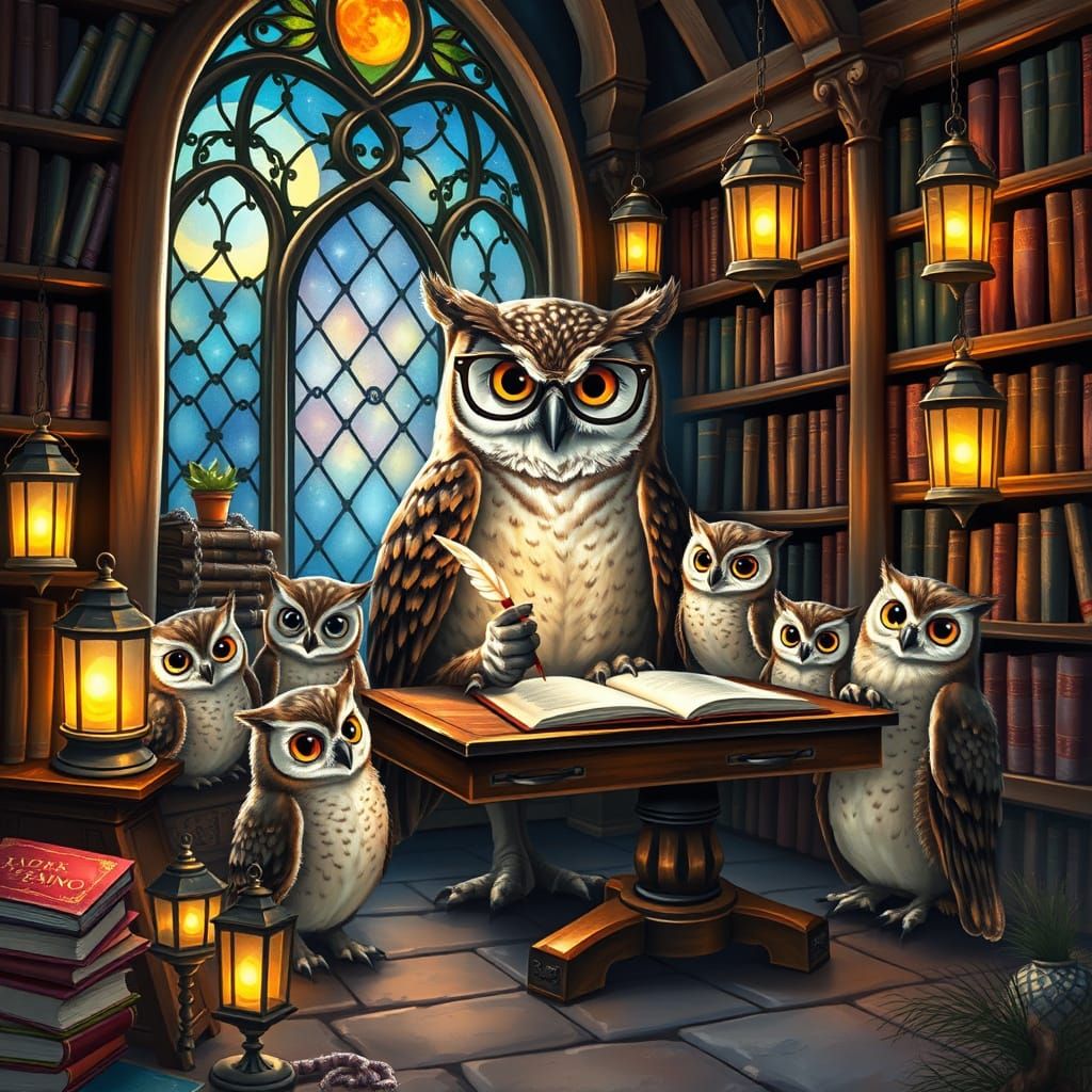 Enchanted Owl Teacher in Whimsical Library Nook