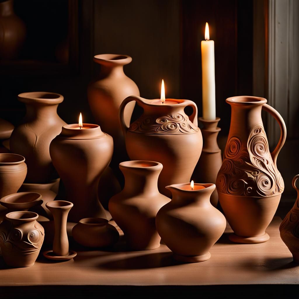 Ornate Clay Pottery with Candle, Hyperrealistic Style