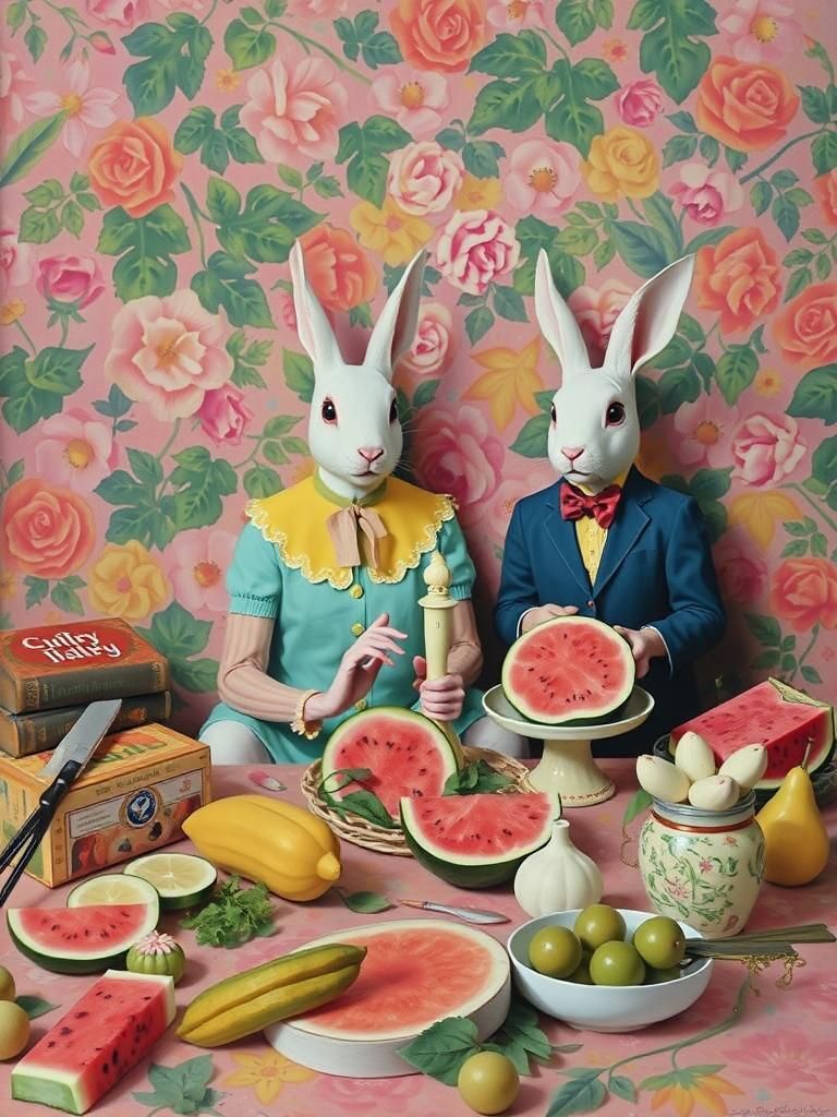Surreal Rabbit Family Portrait with Watermelon