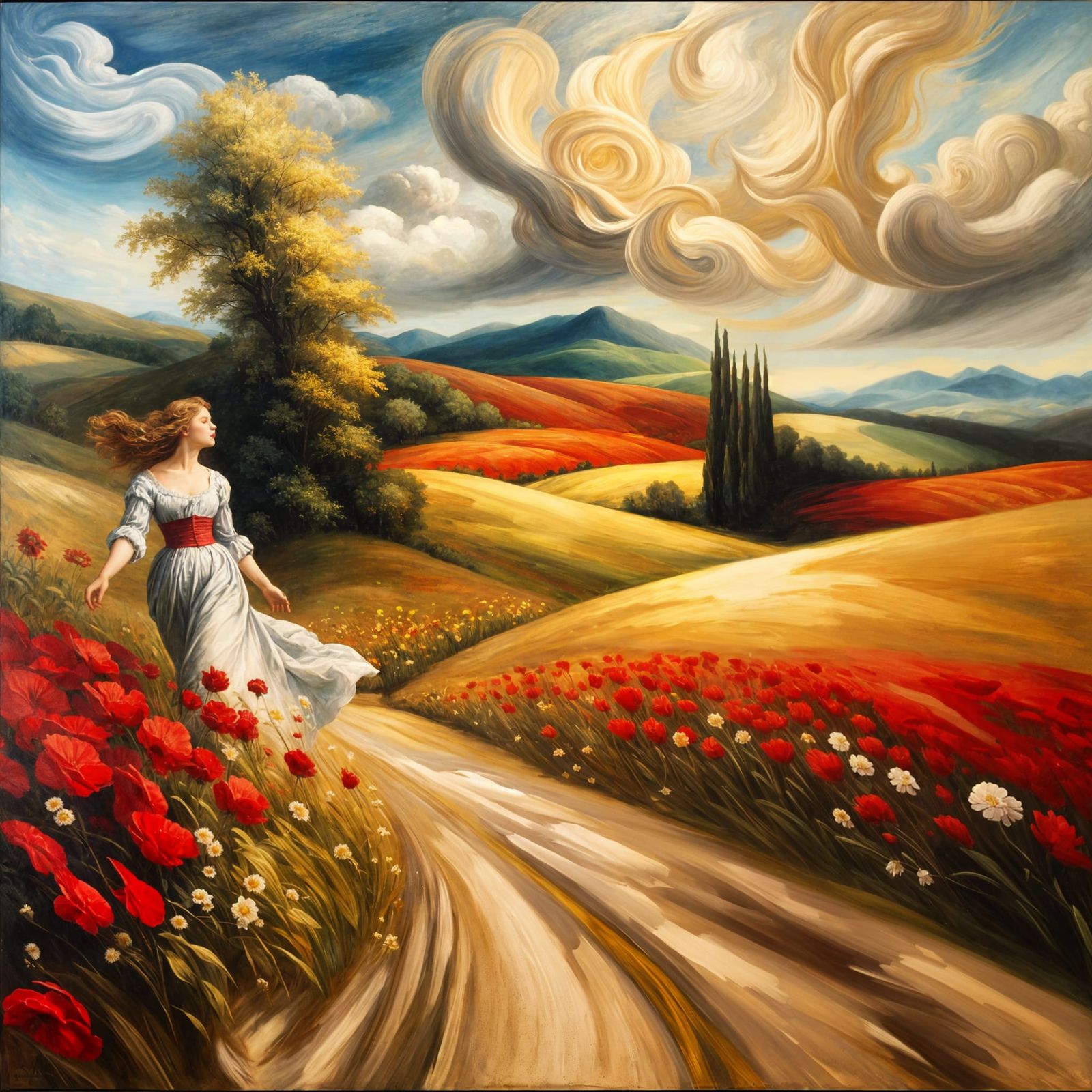 Renaissance Woman in Windy Valley with Wind God