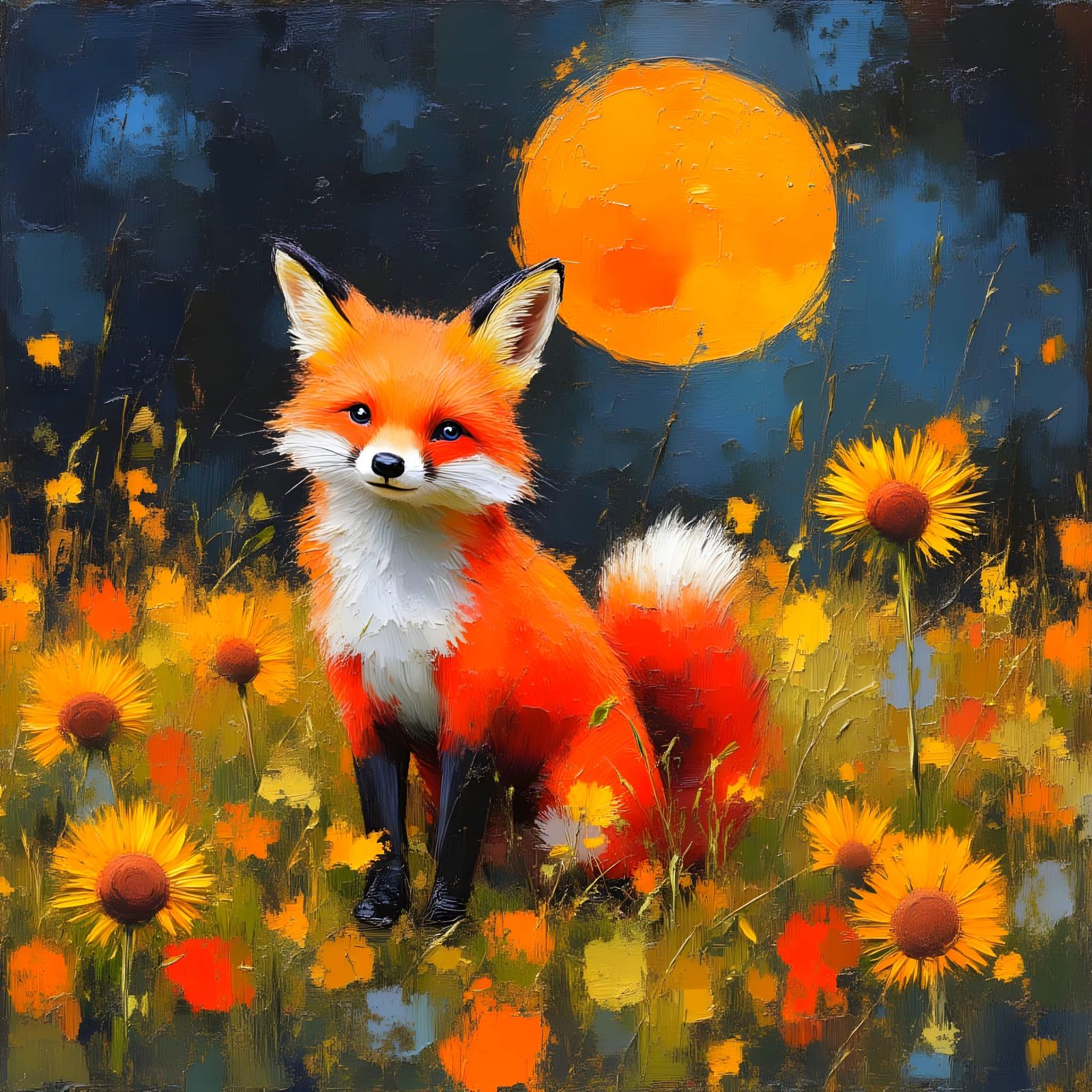 Fox in Sunflower Field Impasto Painting