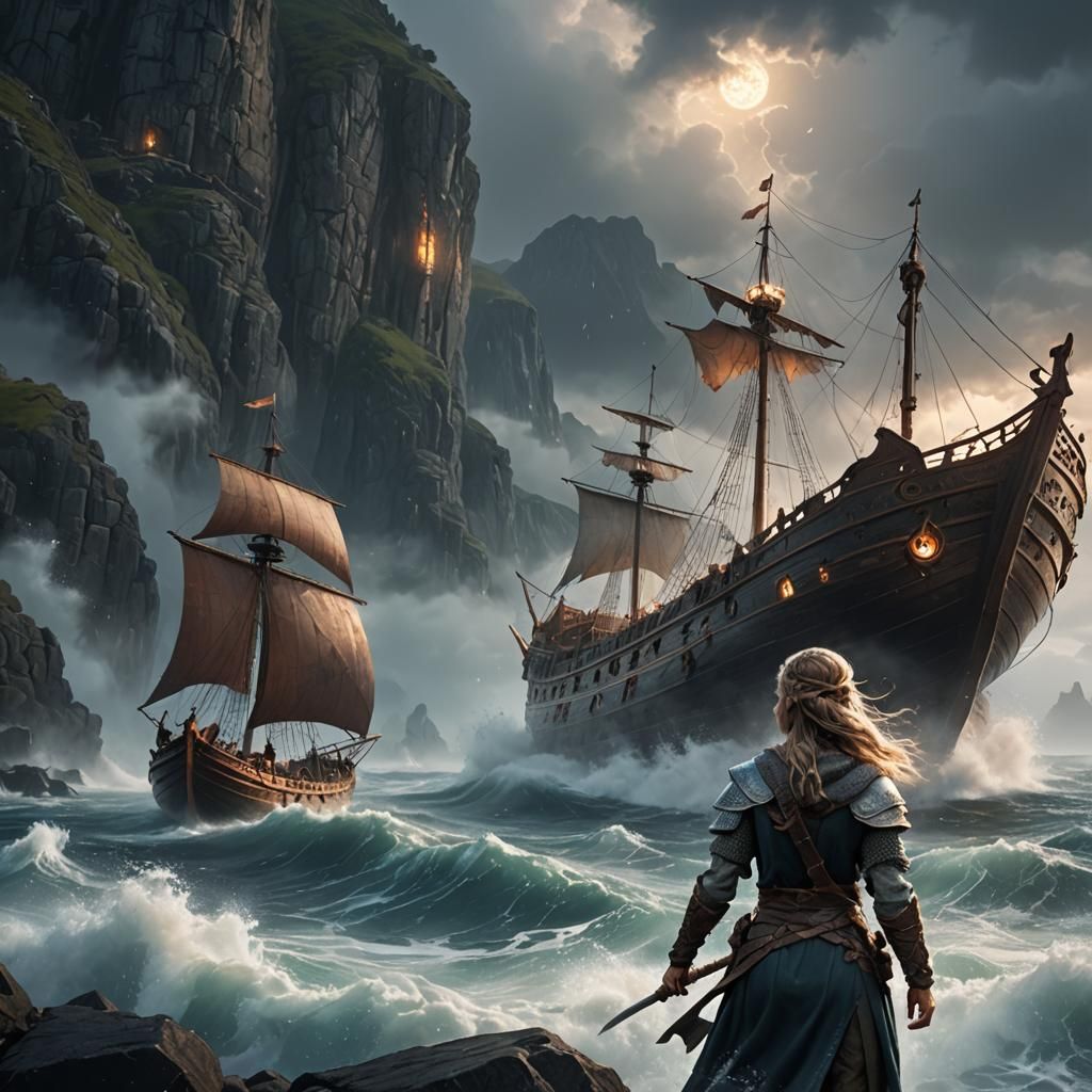 Viking Woman on Ship, Fantasy Art Style