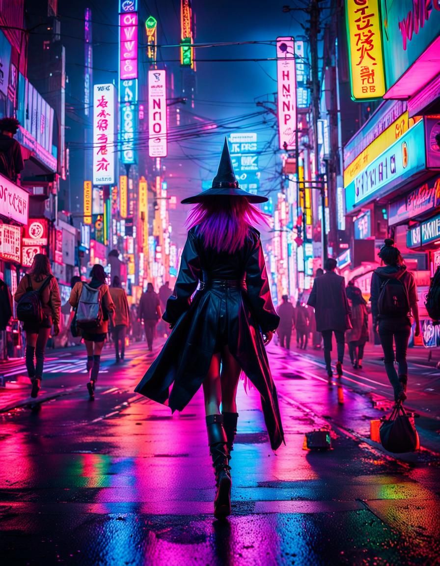 Cyberpunk Witch in Neon City Street